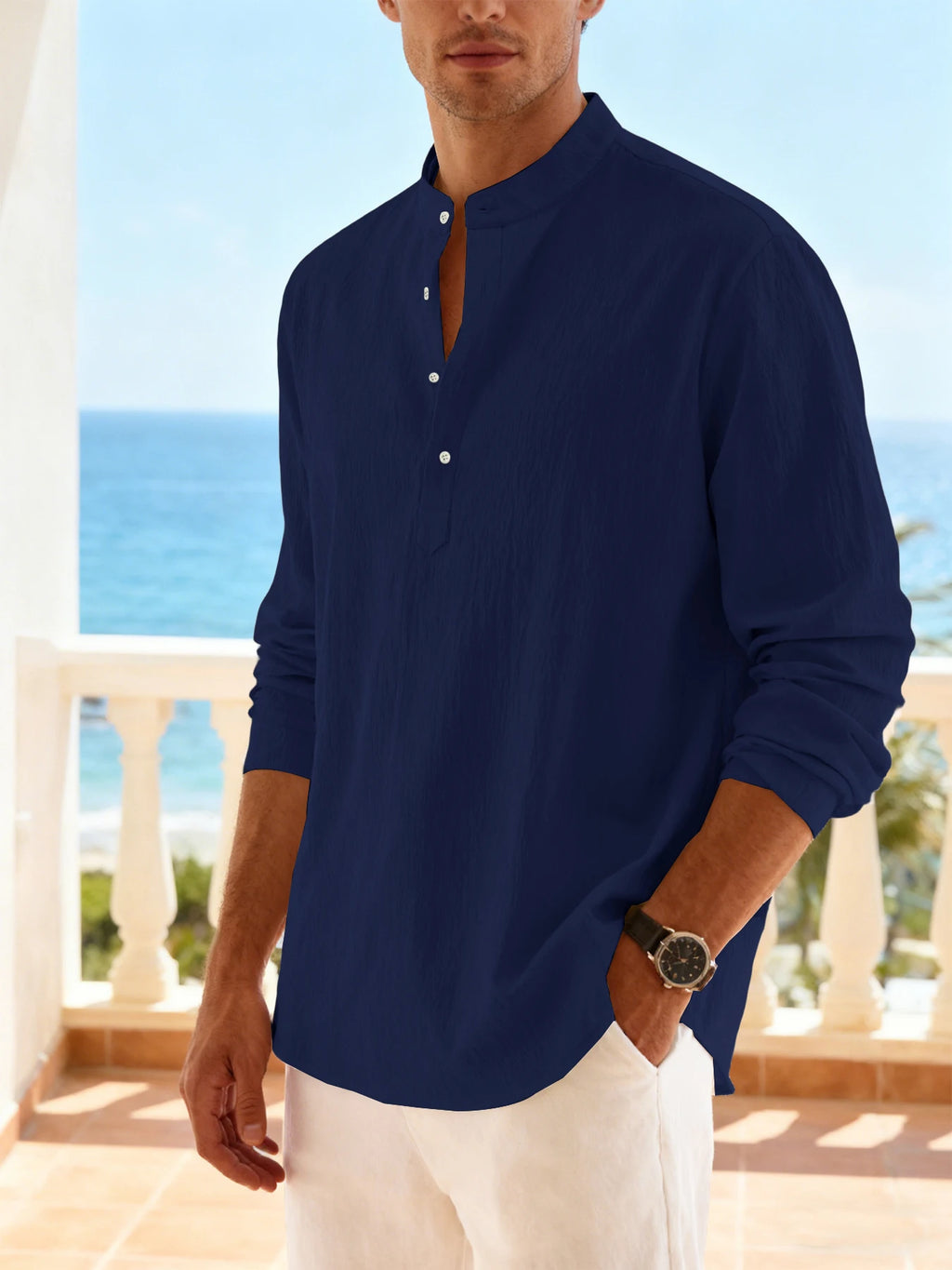 Chemise plage homme col Henley – Manches longues, légère et respirante, style vacances décontracté