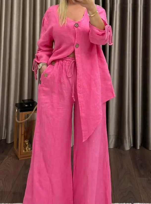 Ensemble Femme 2 Pièces – Cardigan Col V à Boutons & Pantalon Large, Style Décontracté Chic
