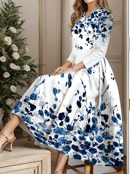 Robe élégante femme vintage, longue à fleurs, manches longues, col en V, automne-hiver .