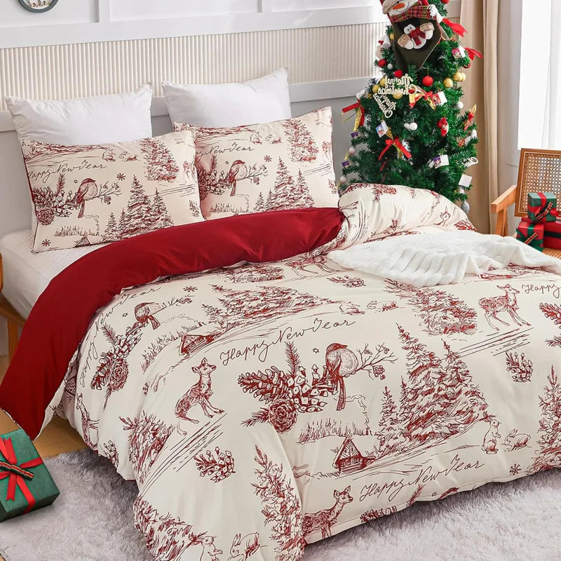 Ensemble literie Noël rouge campagne, microfibre douce 3 pièces