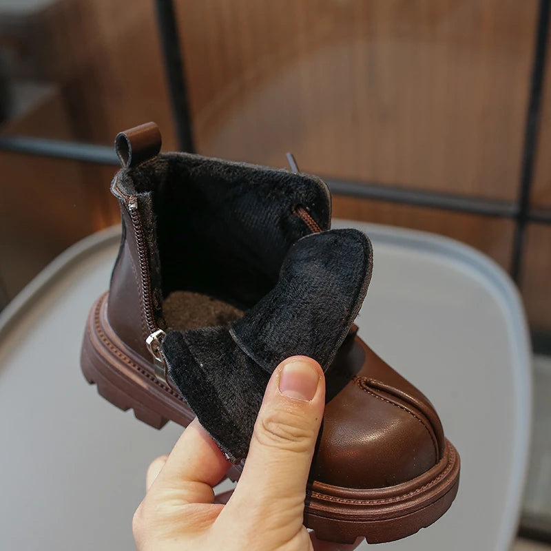 Bottes Enfant Cuir Hiver Chaudes Polaire – Marron Noir Velours Extérieur