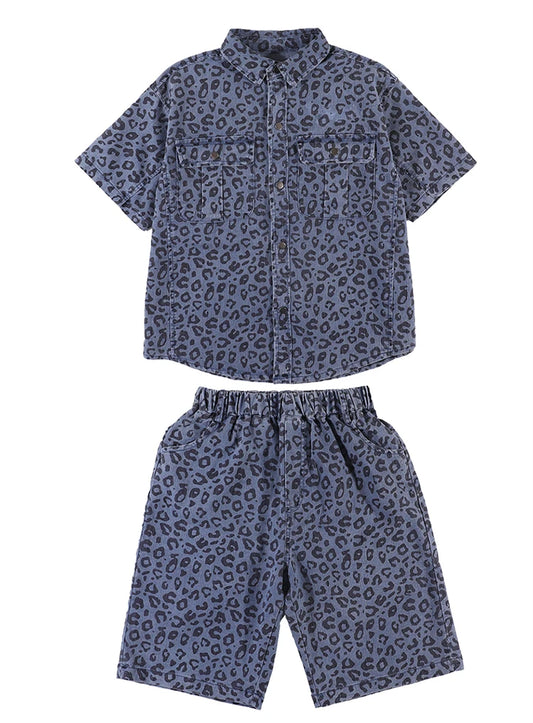 Ensemble été garçon 5‑14 ans – léopard, chemise + short denim