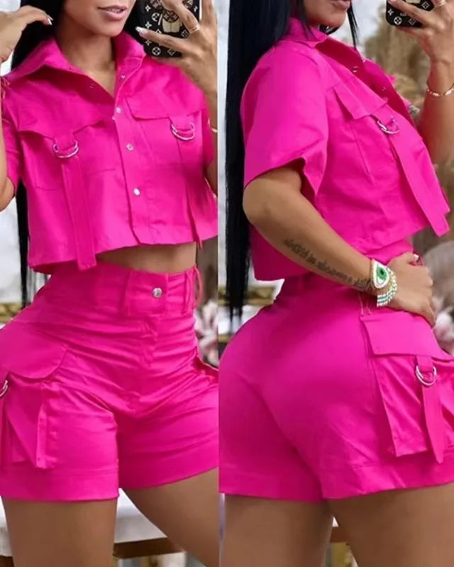 Ensemble Femme Été 2 Pièces décontractées – Haut Court à Manches Courtes et Pantalon à Poches