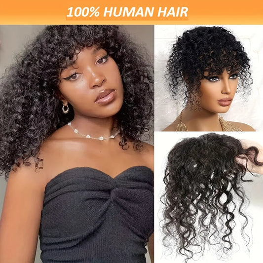 Topper cheveux humains crépus bouclés avec frange, clips invisibles, aspect naturel, spécial cheveux fins femme .