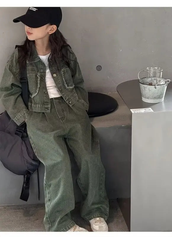 Ensemble de tenues 2 pièces pour filles, veste en jean à la mode, vêtements d'école pour mère et fille, tenues pour adolescents de 12 à 13 ans.