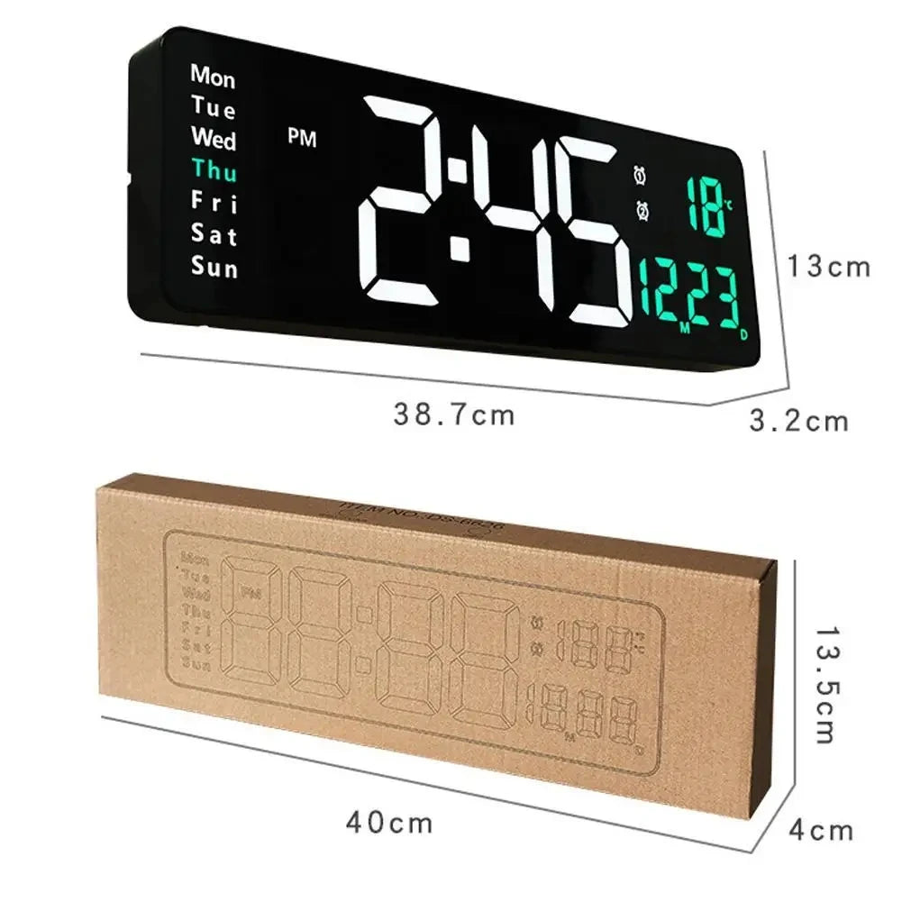 Horloge murale LED grande - télécommande, double alarme, température