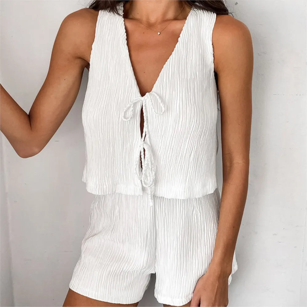 Ensemble Femme 2 Pièces – Gilet Sans Manches à Col V & Short Blanc Chic Printemps Été