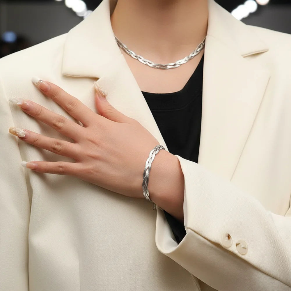 Ensemble Femme Acier – Collier Serpent Plat & Bracelet Tricolore, Style Moderne Élégant