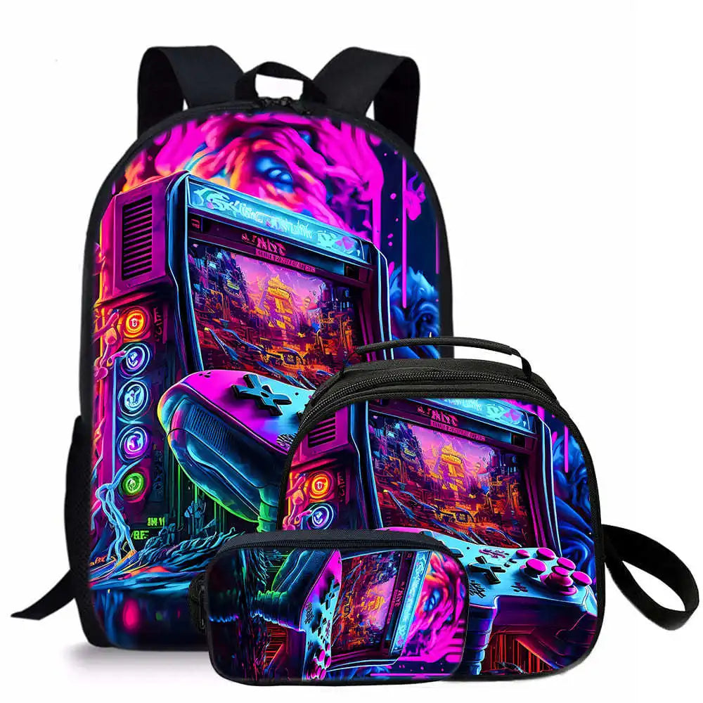 sac d’école, sac déjeuner, trousse pour étudiant Tapis de jeu 3D tendance, 3 pièces .