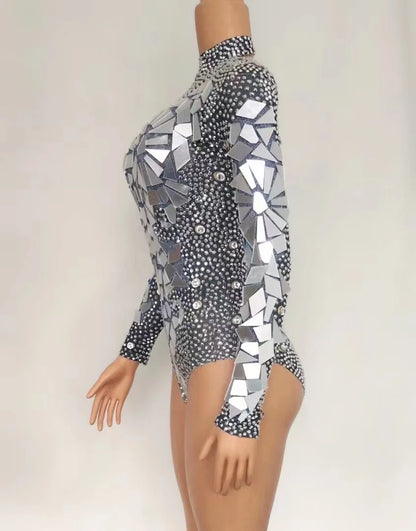 Justaucorps Femme Strass Argentés – Body Scintillant de Danse et Fête