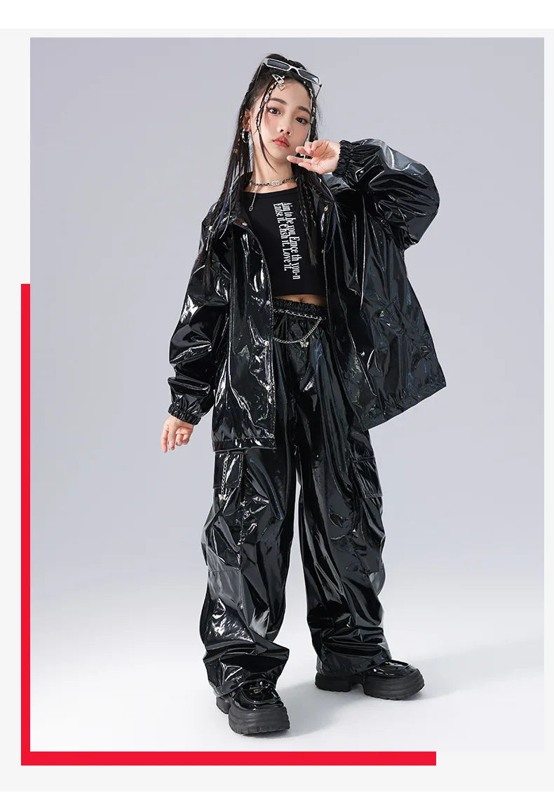 Costume Danse Jazz Garçon Filles, Pantalon Cuir Brillant Rouge, Streetwear Hip Hop Scène .