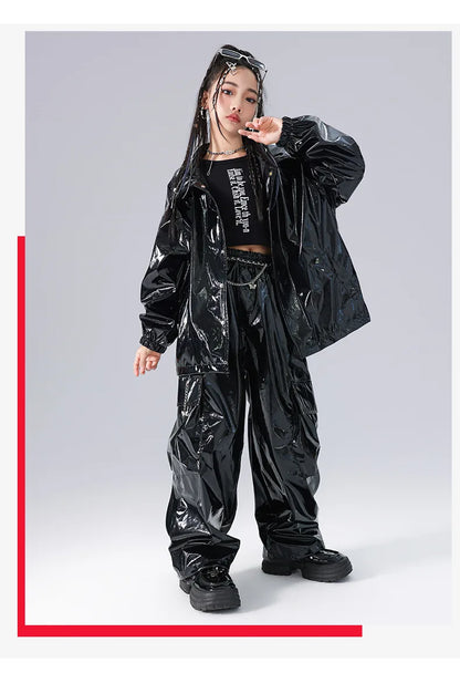 Costume Danse Jazz Garçon Filles, Pantalon Cuir Brillant Rouge, Streetwear Hip Hop Scène .