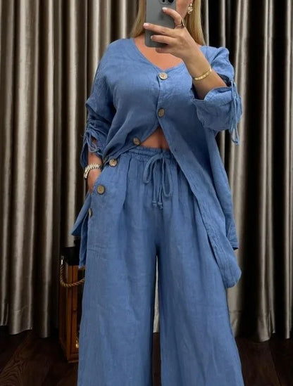 Ensemble Femme 2 Pièces – Cardigan Col V à Boutons & Pantalon Large, Style Décontracté Chic