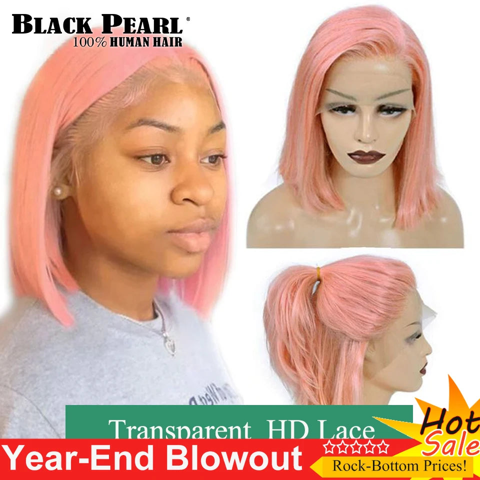 Perruque Bob rose droite – Cheveux humains, courte, dentelle avant, noeuds blanchis, pré-plumée, transparente