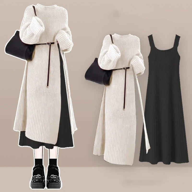 Ensemble femme 2 pièces robe à bretelles et pull fendu