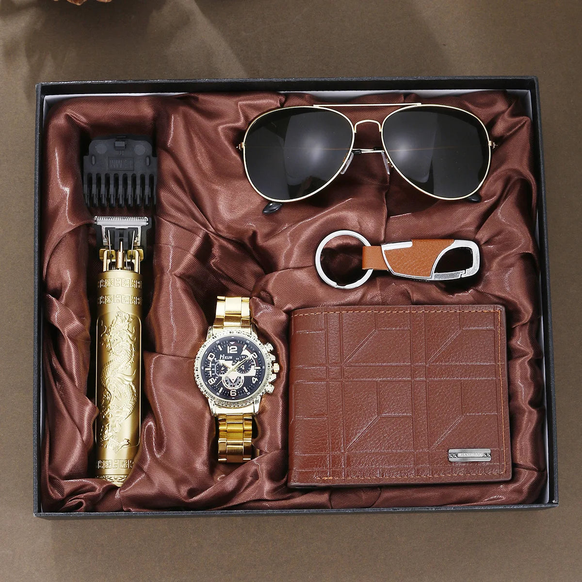 Coffret homme élégant – Montre, accessoires : portefeuille, ceinture, lunettes, porte-clés, tondeuse, cadeau luxe