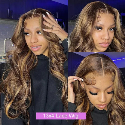 Perruque Lace Frontal Body Wave HD, cheveux humains, reflets blonds .