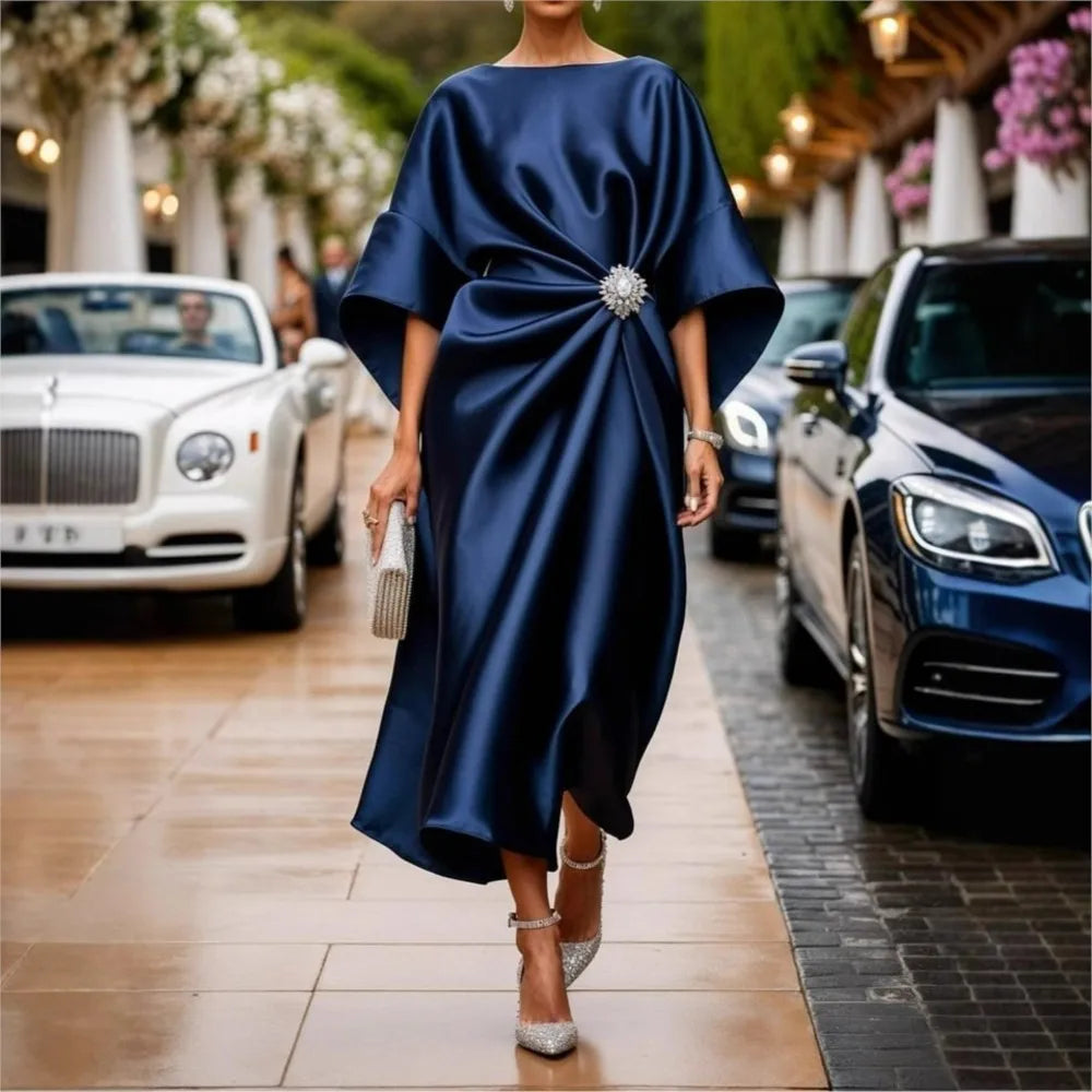 Robe Élégante Décontractée – Satin Perlé, Manches Courtes, Look Banlieue Tendance