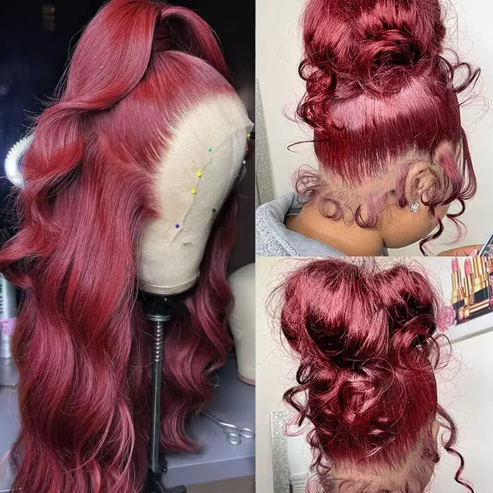 Perruque Body Wave 360 HD Cheveux Humains Bordeaux