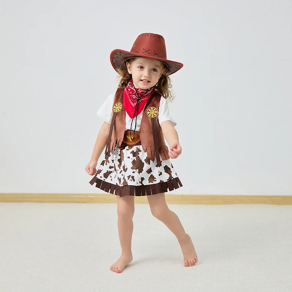 Costume Cowboy fille – Ensemble 4/5 pièces, jupe, gilet, cosplay Halloween