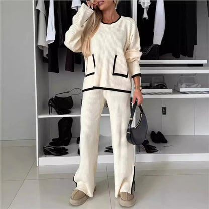Tenue Décontractée Femme – Ensemble 2 Pièces Y2K, Pull Col Rond & Pantalon Large Élégant