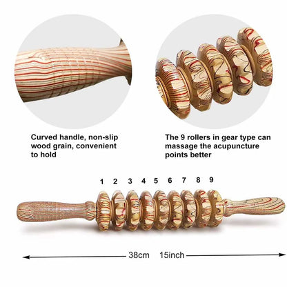 Rouleau de Massage Bois – 9 Rouleaux, Anti-Cellulite, Douleur Musculaire