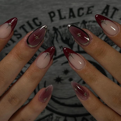 24 pcs faux ongles français mi-longs amande rouge étoile détachables