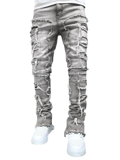 Jean empilé coupe régulière pour hommes, déchiré, Slim Fit, Patch, pantalon en Denim droit détruit, Hip Hop, Streetwear, tissu de pantalon .
