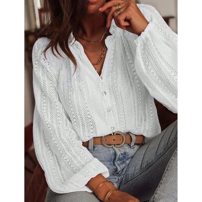Blouse Chic Femme – Chemise Dentelle Évidée, Col V à Boutons, Manches Longues Élégantes