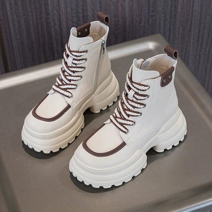 WOIZGIC bottines femmes en cuir véritable, style britannique à lacets, fourrure chaude automne/hiver, chaussures montantes confortables