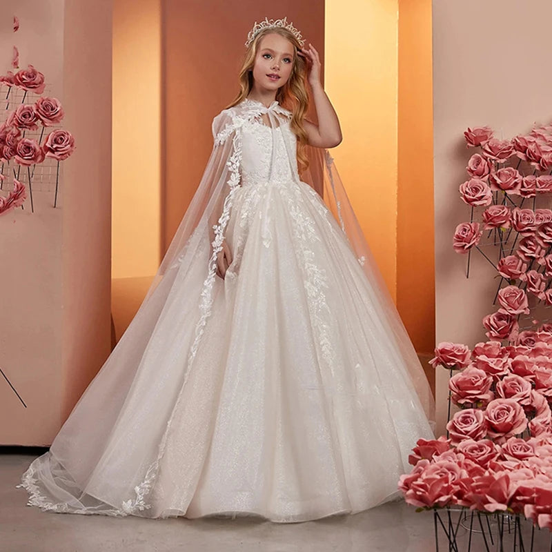 Robe demoiselle d'honneur tulle dentelle avec cape – mariage, communion, anniversaire, élégante princesse