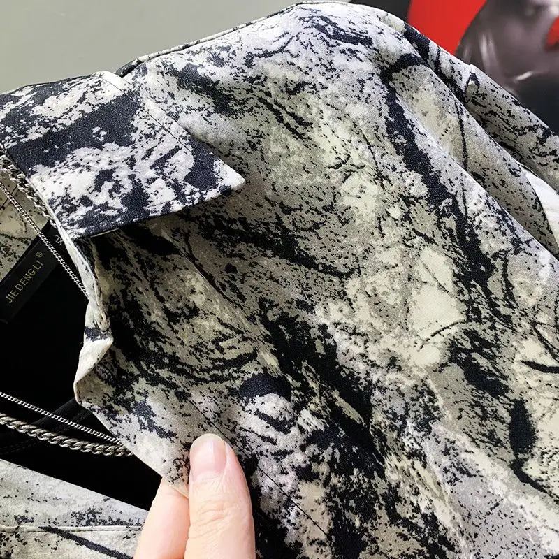 Chemise homme vintage col rabattu imprimé ample – Hauts printemps mode décontracté boutons manches longues