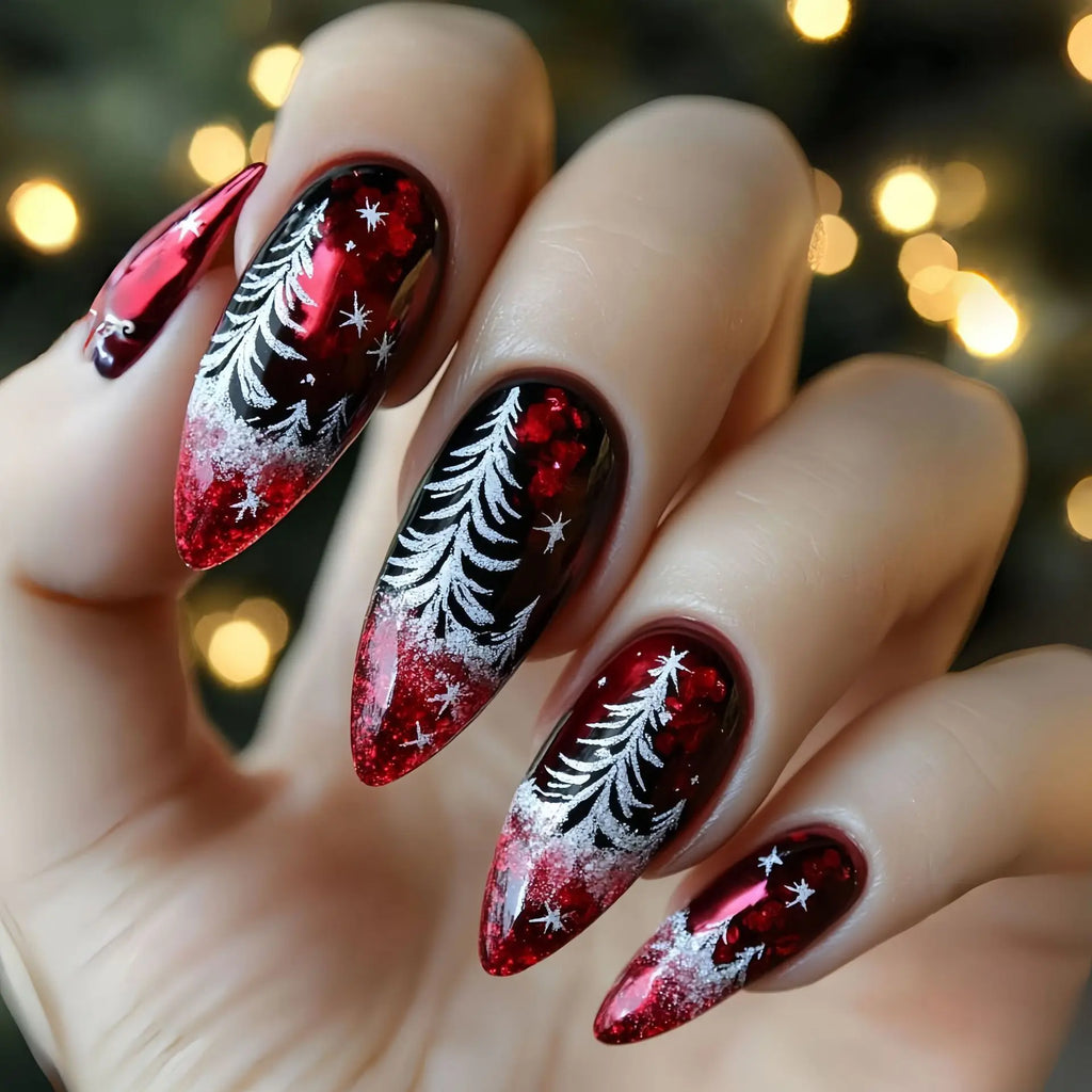 24 ongles pressés mi-longs poudre flocon neige rouge réutilisables