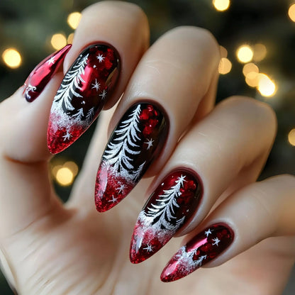 24 ongles pressés mi-longs poudre flocon neige rouge réutilisables