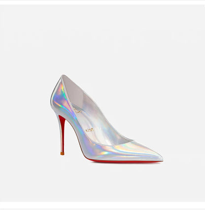 Escarpins femme luxe cuir, talons aiguilles bout pointu, rouge brillant et blanc .