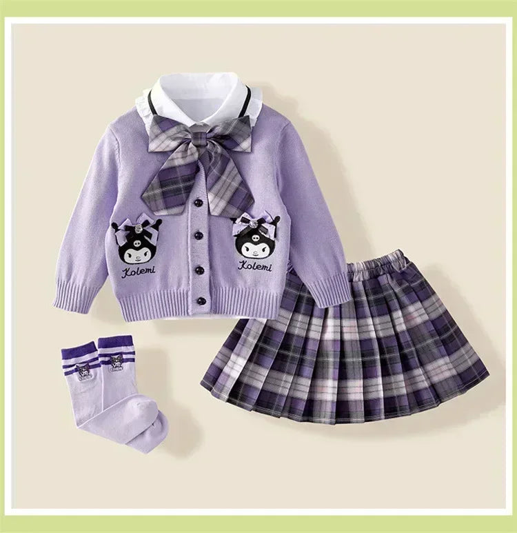 Ensemble cosplay Sanrio Kuromi My Melody 2024, jupe plissée JK, cardigan tricoté style collégial, costume trois pièces pour enfants