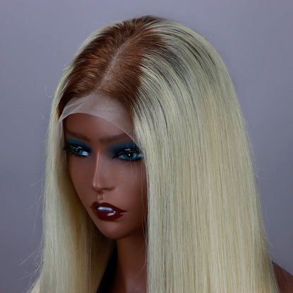 Perruque lace frontal 13x6 ombré blonde 613 racine brune – cheveux humains droits, pré‑plumée