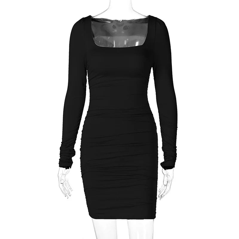 Robe moulante femme – mini, col carré, manches longues, unie, sexy soirée/club