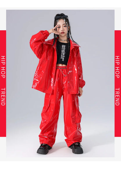 Costume Danse Jazz Garçon Filles, Pantalon Cuir Brillant Rouge, Streetwear Hip Hop Scène .