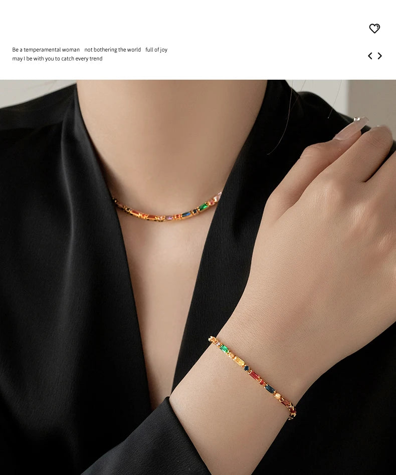 Ensemble bijoux femme luxe, chaîne zircon coloré, collier & bracelet, style coréen .