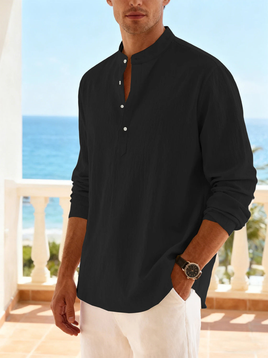 Chemise plage homme col Henley – Manches longues, légère et respirante, style vacances décontracté