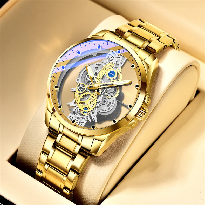 Montre homme quartz squelette doré rétro luxe .