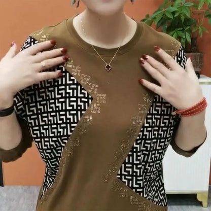 Mn-Pull Femme Léopard Géométrique – T-shirt Col Rond Diamants, Chic décontracté, Printemps Automne, Mode Épissée, Trajet Quotidien