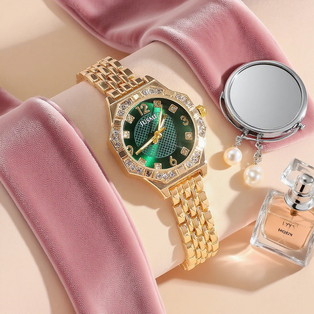 Montre quartz femme luxe – Cadran diamant, strass, ensemble bijoux 5 pièces, cadeau élégant