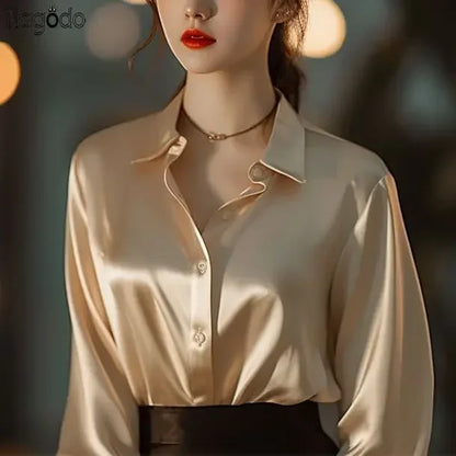 Chemise femme en satin – manches longues, vintage élégante, bureau & décontractée (été/automne)