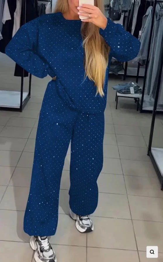 Ensemble Survêtement Femme 2 Pièces Rétro – Sweat et Pantalon à Col Rond Brillant