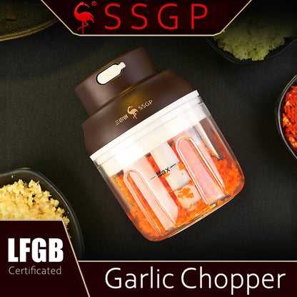 Broyeur légumes et fruits rechargeable luxe, presse-ail avec lame acier inox 430, conteneur PP certifié LFGB
