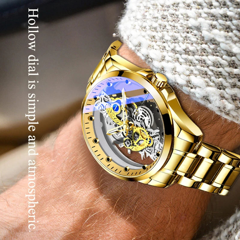 Montre homme quartz squelette doré rétro luxe .