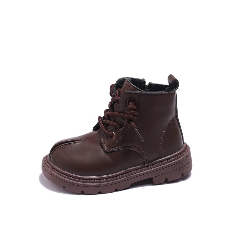Bottes Enfant Cuir Hiver Chaudes Polaire – Marron Noir Velours Extérieur