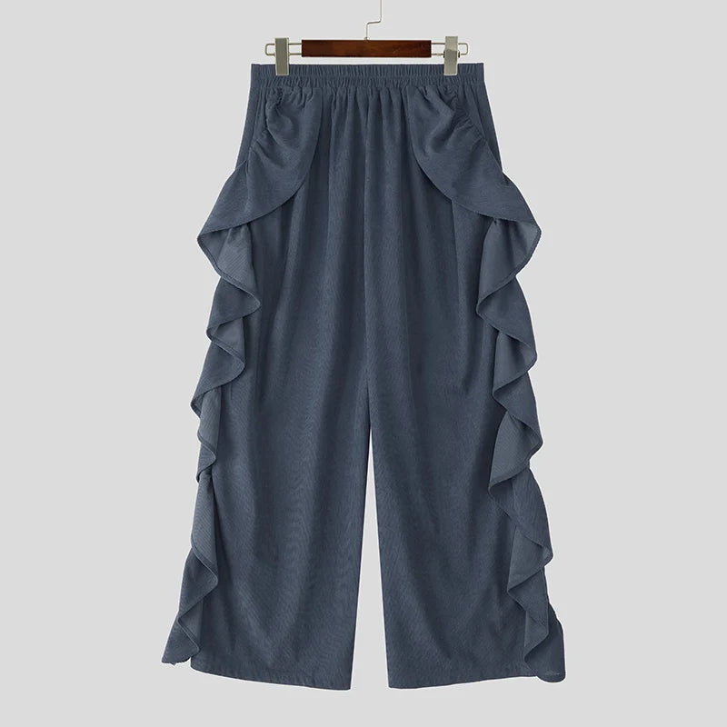 Pantalon homme INCERUN velours imprimé couleur unie à volants, taille élastique – Streetwear ample mode décontracté S-5XL